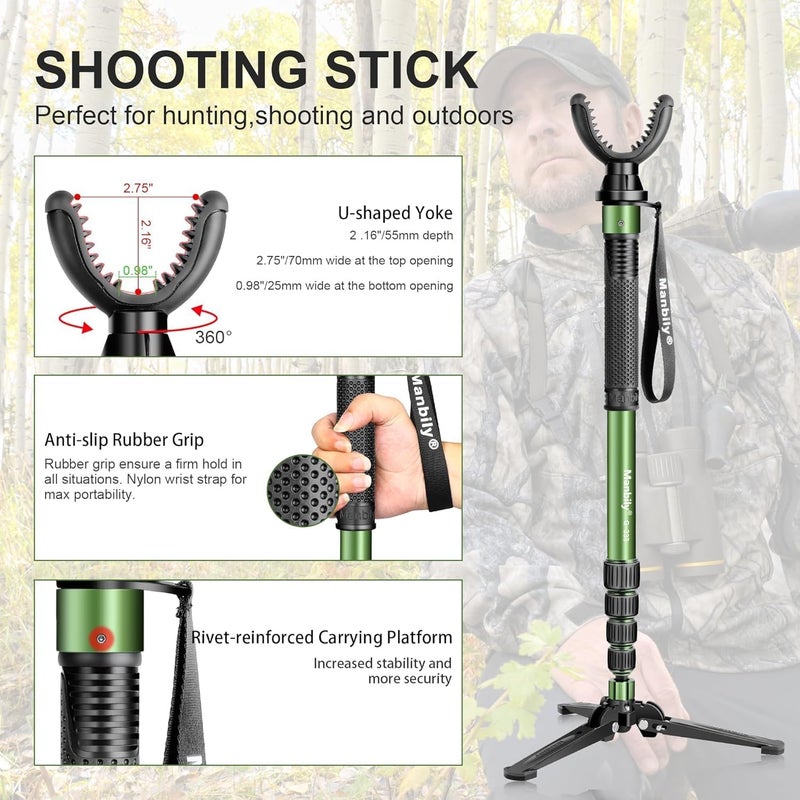Manbily Shooting Stick Monopod with Tri-Stand Tripod Base, with Rotating and Removeable U-Shaped Yoke for Hunting, Shooting, and Outdoors-Green (G-333) - Image 4